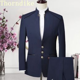 Thorndike hommes costume Style chinois col montant Blazer mâle mariage marié coupe ajustée taille standard ensemble TuxedoJacketPant 231229