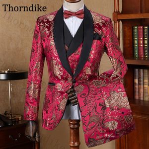 Thorndike Rode Mannen Pak 2020 Bloemenprint Trouwpak Voor Mannen Custom Made Sjaal Revers Bruidegom Tuxedo Slim Fit Prom Suits 2020256S