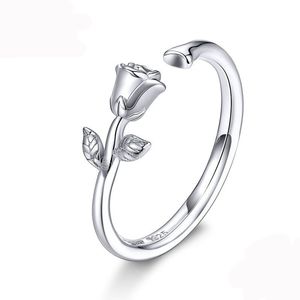 Thorns en Rose Open verstelbare vingerringen voor vrouwen 3D Flower Ring Band 925 Sterling Silver Jewelry Korean