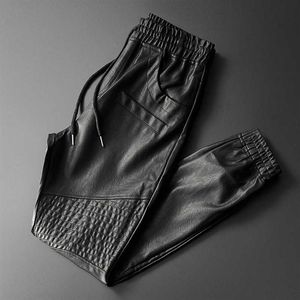 Thoshine marque hommes pantalons en cuir qualité supérieure taille élastique survêtement pantalon moto poche Faux cuir pantalon sarouel 2289U