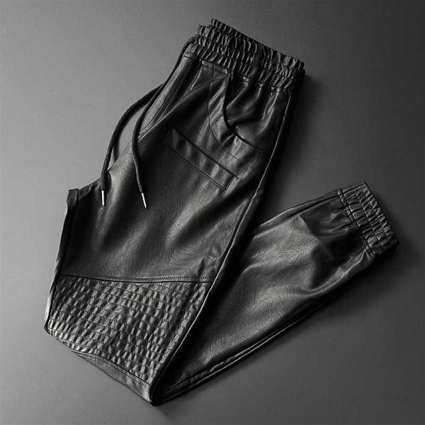 Thoshine marque hommes pantalons en cuir qualité supérieure taille élastique survêtement pantalon moto poche Faux cuir pantalon sarouel 2180y
