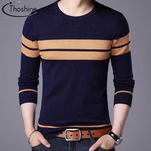 Marca Thoshine, primavera otoño, estilo inglés, suéteres finos de punto para hombre, jerséis de lana informales a rayas, camisas largas informales para hombre, Tops Y0907