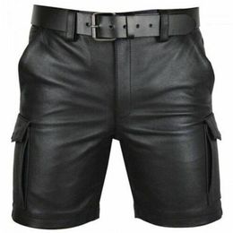 Thoshine merk zomer mannen lederen shorts elastische bovenkleding korte broek mannelijke mode PU faux 210716