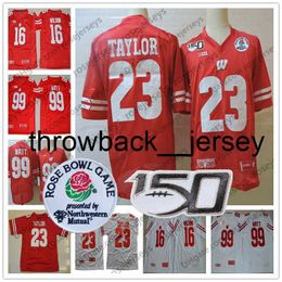 thr 2020 Wisconsin NCAA Football #23 Jonathan Taylor 16 Russell Wilson 99 JJ Watt Red White Rose Bowl NCAA 150TH CFB Jersey