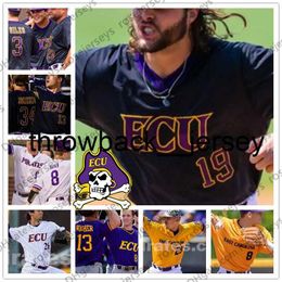 thr ECU East Carolina Pirates #14 Jake Agnos 18 Bryant Packard 19 Alec Burleson 42 Spencer Brickhouse Paars Wit Zwart Geel Baseball Jersey