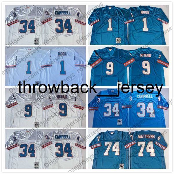 thr NCAA Oilers # 9 Steve McNair Light Blue Vintage Jersey # 34 Earl Campbell # 74 Bruce Matthews # 1 Warren Moon Blanc Cousu Rétro Adulte