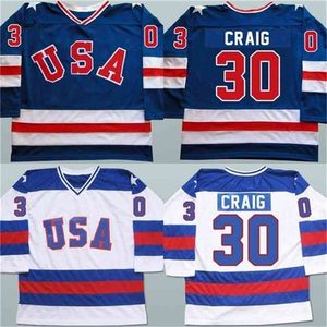 Thr Mens 30 Jim Craig Jersey 1980 Miracle On Ice Hockey Jerseys 100% Broderie cousue Team USA Hockey Jerseys Bleu Blanc S-3XL