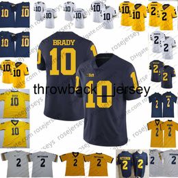 Thr NCAA Michigan Wolverines # 10 Tom Brady Jersey Vente Chaude # 2 Charles Woodson Shea Patterson 2019 New College Football Bleu Marine Blanc Jaune
