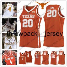 thr NCAA Texas Longhorns # 20 Jericho Sims 21 Dylan Osetkowski 55 Elijah Mitrou-Long orange blanc College Basketball Jersey S-4XL