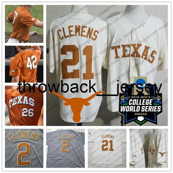 Thr NCAA Texas Longhorns # 21 Roger Clemens 7 Masen Hibbele 27 Blair Henley 52 Zach Zubia Crème Blanc Orange Gris Retraité Vintage Baseball Jersey