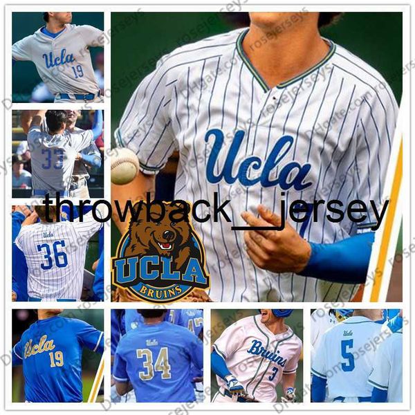 Thr NCAA UCLA # 3 Brandon Crawford 7 Chase Utley 12 Gerrit Cole 42 Robinson Blanc Gris Bleu clair 2019 Retro College Baseball Jersey 4XL