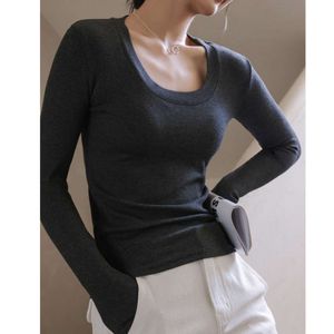 Fil Modal solide grand col rond à manches longues chemise inférieure pour les femmes automne minceur coupe ajustée intérieur haut sur l'épaule T-shirt