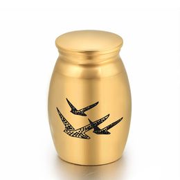 Drie Vogels Gegraveerde Aluminium Mini Gedenkteken Kist Sieraden Begrafenis Crematie Urn voor Menselijk/Huisdier As 16x25mm