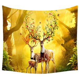 Three Deer en hun moeder Forest Animal Elk Sika Antler bloeiende mysterieuze licht magische muur hangende decor tapijt
