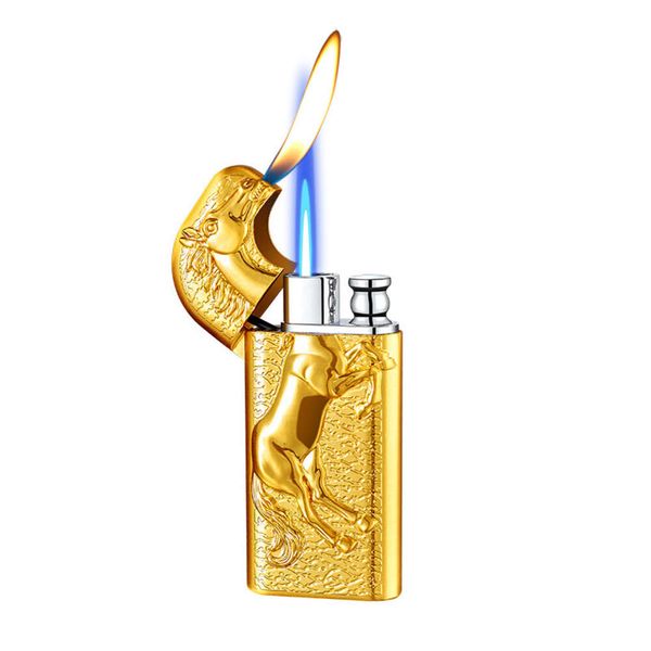 Cheval tridimensionnel en relief plus léger à double feu iative butane briquet pour la cigarette