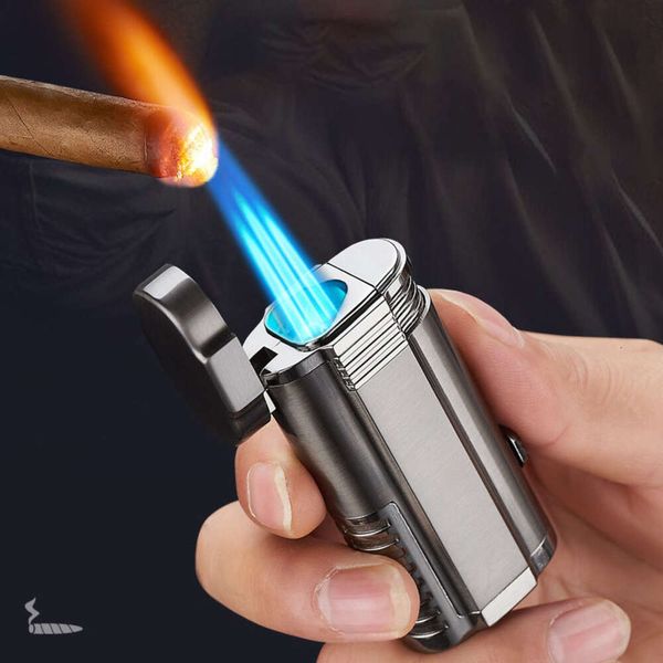 Trois feu Blue Flame Cigar Light Light cigare Cigare Knife Windproof Iatable Torch Box Box Box Box Emballage