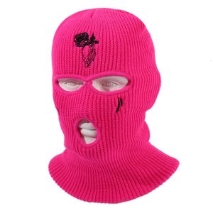 Ski-gezichtsmasker met drie gaten, winddichte winterpullover voor buiten fietsen, geborduurde roze gebreide muts 308881