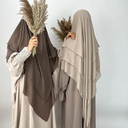 Khimar en mousseline de soie à trois couches avec cordes Niqab de haute qualité EID Ramadan femmes musulmanes vêtements islamiques en gros prière longue Hijab 240227