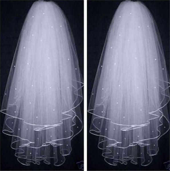 Voile de mariée court en Tulle à trois couches, avec bord de ruban de perles, accessoires de mariage pour robes de mariée, Veil292j