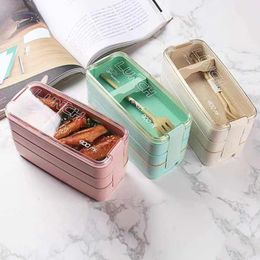 Drielagen tarwe plastic bento doos student volwassen lunchbox met bestek vierkant lunchbox