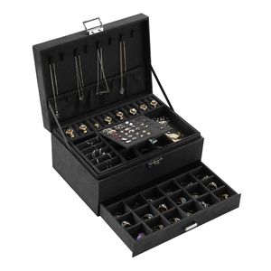 Boîte à bijoux en velours noir à trois couches, mallette de rangement européenne, support d'affichage de grande capacité, cadeau 220309