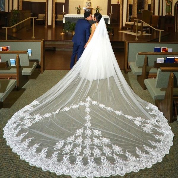 Velos de boda tipo catedral de tres metros de largo, apliques de encaje, tul suave, velo de novia ancho de una capa con peine