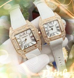 Drie naalden lederen riem Watch Women Men Square Romeinse diamanten ringkoffer japen vk quartz chronograaf groothandel heren polshorloge zakelijk vriendje tafel geschenken