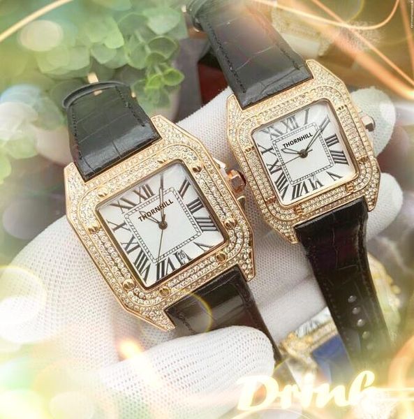 Tres agujas Cinturón de cuero Reloj Mujeres Hombres Cuadrado Diamantes romanos Caja de anillo Japen VK Cuarzo Cronógrafo Venta al por mayor Regalos para hombres Reloj de pulsera Orologio Di Lusso Mesa