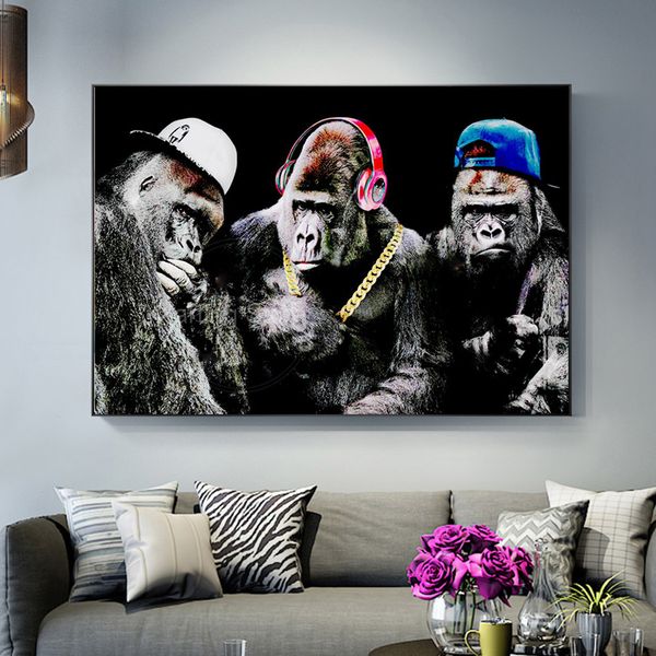 Trois frères orang-outan portant des chapeaux toile peinture affiches de portraits animaux et imprimés images d'art mural pour décoration de salon