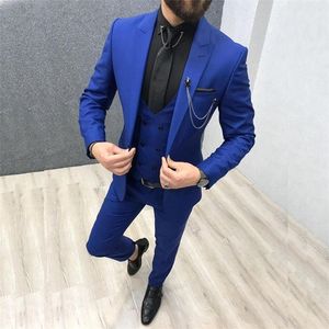 Driedelige Royal Blue Men Suits Peak Rapel Custom Made Wedding Tuxedos Slim Fit Male Suits Jacket Pants Vesttie 220812