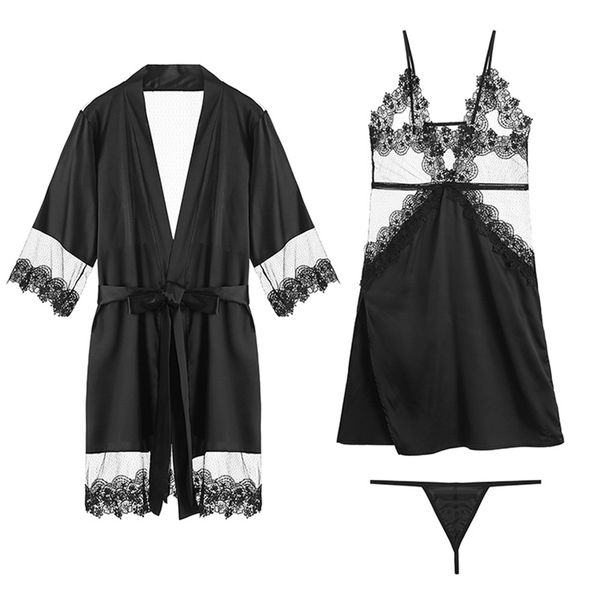 Trois pièces sexy sur mesure robes de mariée spaghetti sans manches en dentelle en mousseline de soie femmes lingerie chemise de nuit pyjamas vêtements de nuit robes de luxe