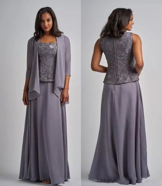 Trois pièces en mousseline de soie mère de la robe de mariée col carré veste à manches longues gris robes de mère, plus la taille longueur de plancher robes formelles