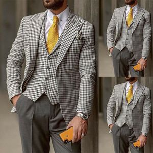 Costume trois pièces pied-de-poule pour homme, coupe cintrée, un bouton, Tuxedos de mariage, carreaux Damier, Blazer pour occasions formelles, gilet et pantalon