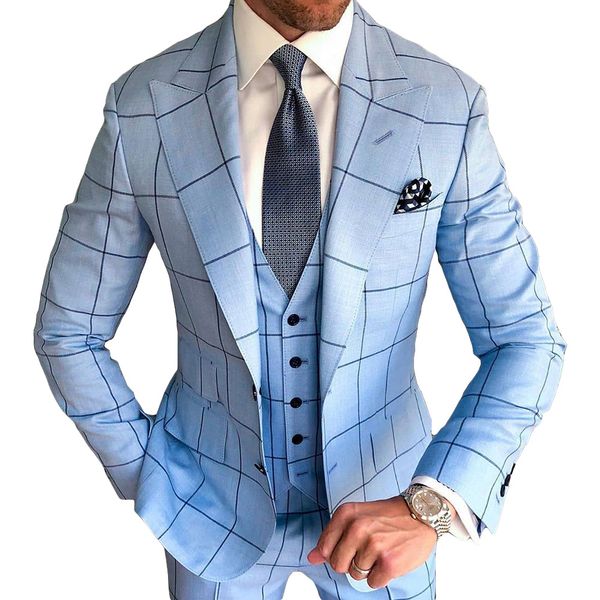 Trajes de tres piezas para hombre, esmoquin informal de negocios, azul a cuadros, ajustado, abrigo de fiesta para novio, Ropa de Trabajo de rendimiento a medida, traje de boda 205j