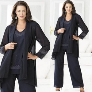 Drie stukken moeder van de bruid jurken met jas geappliceerd chiffon v-hals plus size moeder van de bruid broek pakken moeder jassen