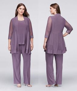 Drie Stukken Moeder Van De Bruid Broekpakken Met Jasjes Pailletten Bruiloftsgast Jurken Plus Size Chiffon Moederjurken HY4014