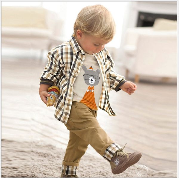 Set di tre pezzi per neonati Set di abbigliamento Primavera Autunno Bambini Camicia a quadri a maniche lunghe + T-shirt + Pantaloni Bambini Set casual Completi da ragazzo