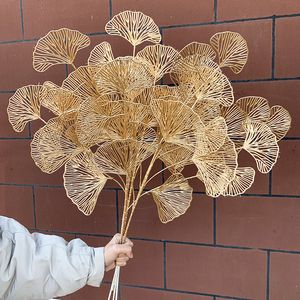 Drieledige Fan Leaf Netting Kunstmatige Gouden Ginkgo Eucalyptus Hulst Voor Bruiloft Boog Bloemstuk Home Decor Ambachten