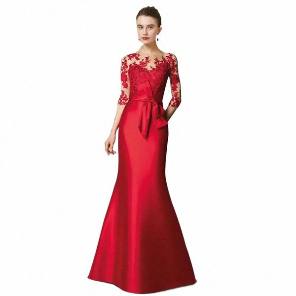Trois-quarts rouge mère de mariée robes pour femmes 2023 nouvelle sirène haute qualité satin robe de soirée de mariage avec dentelle robe de N3yp #