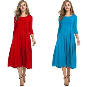 Vestidos de manga tres cuartos para mujer Casual otoño plisado Midi elegante cuello redondo fiesta mujer bata 2020 vestido de niña de talla grande Y0603