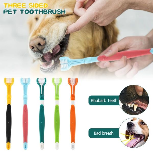 Brosse à dents à trois côtés pour animaux de compagnie chien toilettage brosse à dents ajout mauvaise haleine tartre soins des dents chat nettoyage bouche brosse à dents