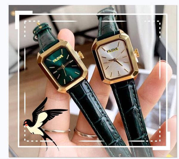 Trois points femmes petit cadran carré montre simple squelette horloge femme noir vert rouge bracelet en cuir mouvement à quartz chaîne d'affaires bracelet montres cadeaux