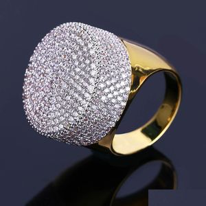 Tres anillos de piedra Hip Hop Iced Out Bling Ring Gold Color Micro Pave Cubic Zircon Diamante redondo con 7 8 9 10 11 Cinco tamaños Fo Dhgarden Dhjow