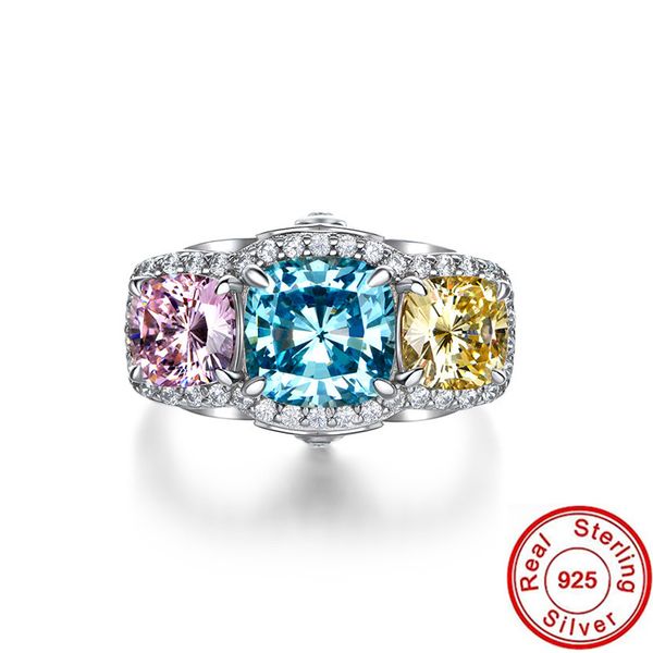 Bague en diamant topaze trois pierres 100% réel 925 bagues de fiançailles en argent sterling pour femmes bijoux de promesse de mariée