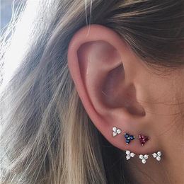 trois pierres Triangle cz boucle d'oreille 925 argent sterling multi piercing stud vert rouge bleu blanc 4 couleurs minimal mignon petit cz earrin2714