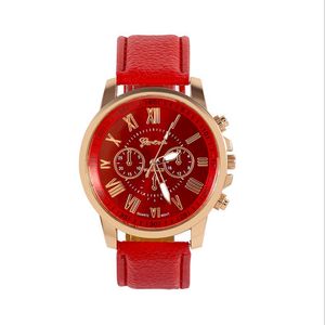 Drie-subidials Red Watch Retro Geneva Student Watches Womens Quartz Trend polshorloge met lederen band272b