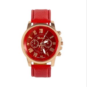 Drie-subidials Red Watch Retro Geneva Student Watches Womens Quartz Trend polshorloge met lederen band332y