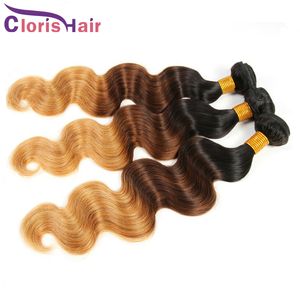 Trois tons 1B / 4/27 Body Wave Ombre Weave 3 Bundles Raw Virgin Indian Human Hair Vente en gros Dark Roots Brown Blonde Wavy Ombre Extensions