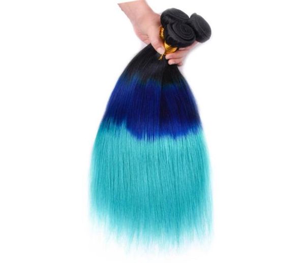 Tres tonos 1BBlueTeal Ombre Extensiones de cabello humano peruano Tramas dobles Raíz oscura Azul Teal Ombre El cabello virgen teje 3 paquetes D4390850