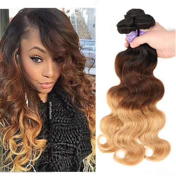 Tissage en lot brésilien naturel Body Wave ombré à trois tons, Extensions de cheveux humains vierges bruns blonds 1B/4/27 #, humides et ondulés